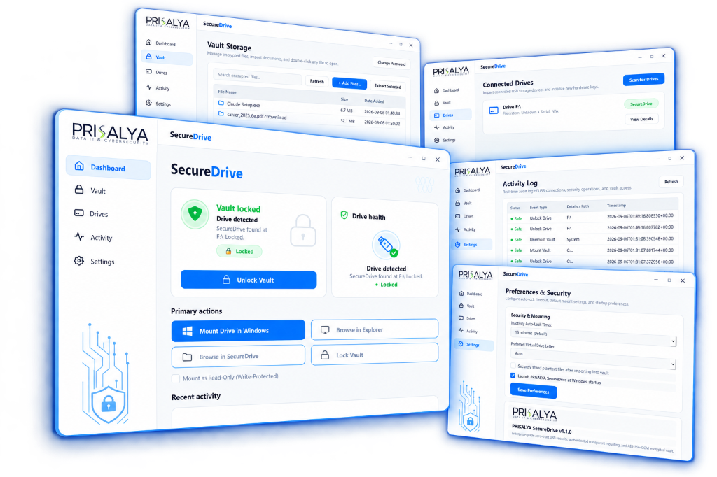 PRISALYA SecureDrive UI Showcase — Dashboard, Vault, Drives, Activity, and Settings screens